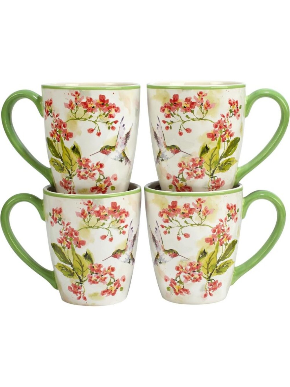 Set of 4 Nature-Inspired Ceramic Mugs - Hummingbird & Floral Designs, Dishwasher